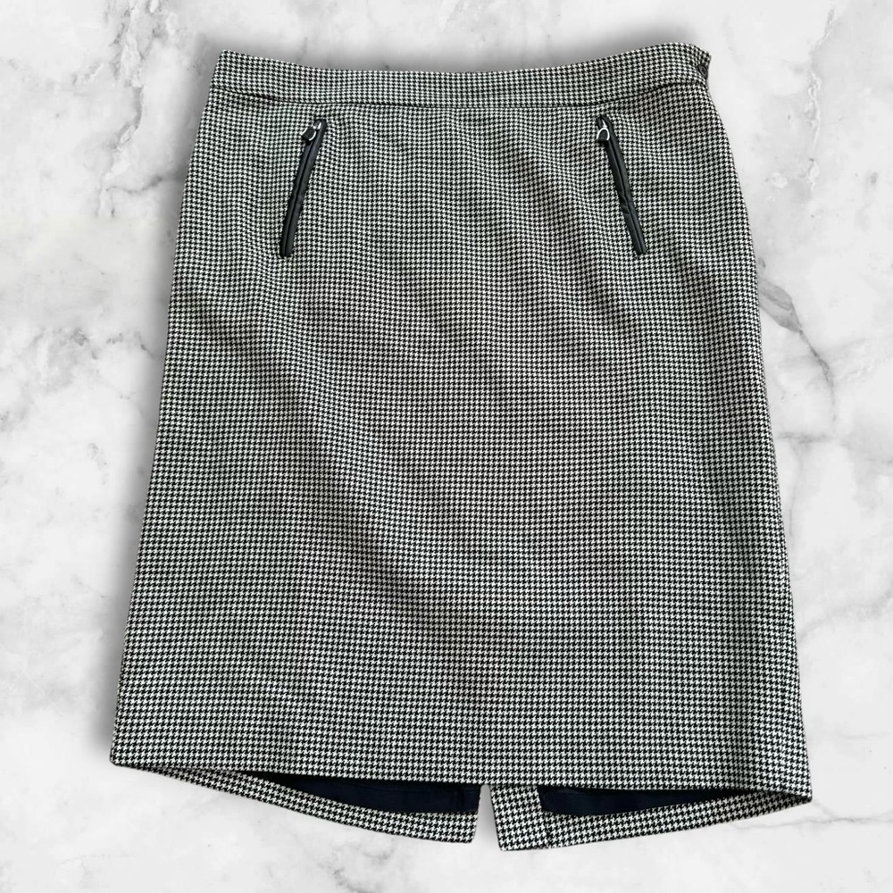Lauren Ralph Lauren Houndstooth Wool Pencil Skirt Size 14 Black Tan Knee‎ Length